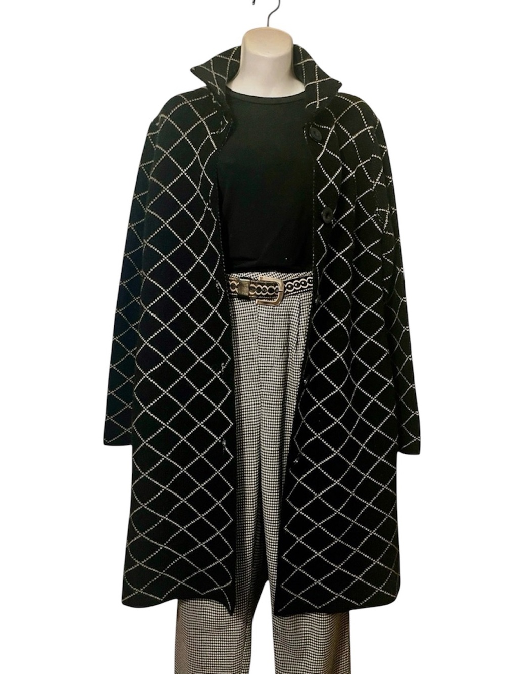 GIOGIO ITALY Women’s Black Long Grid Diamond Pattern Cardigan Sweater Coat XL